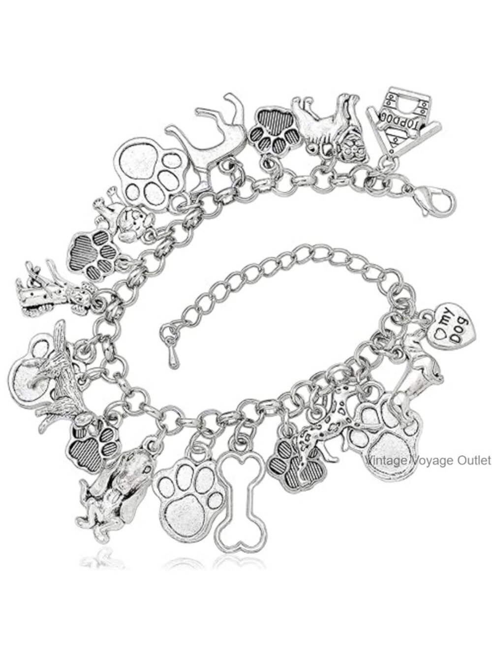 Dog Charm Link Bracelet Cuff Bangle Alloy Lobster Clasp Adjustable